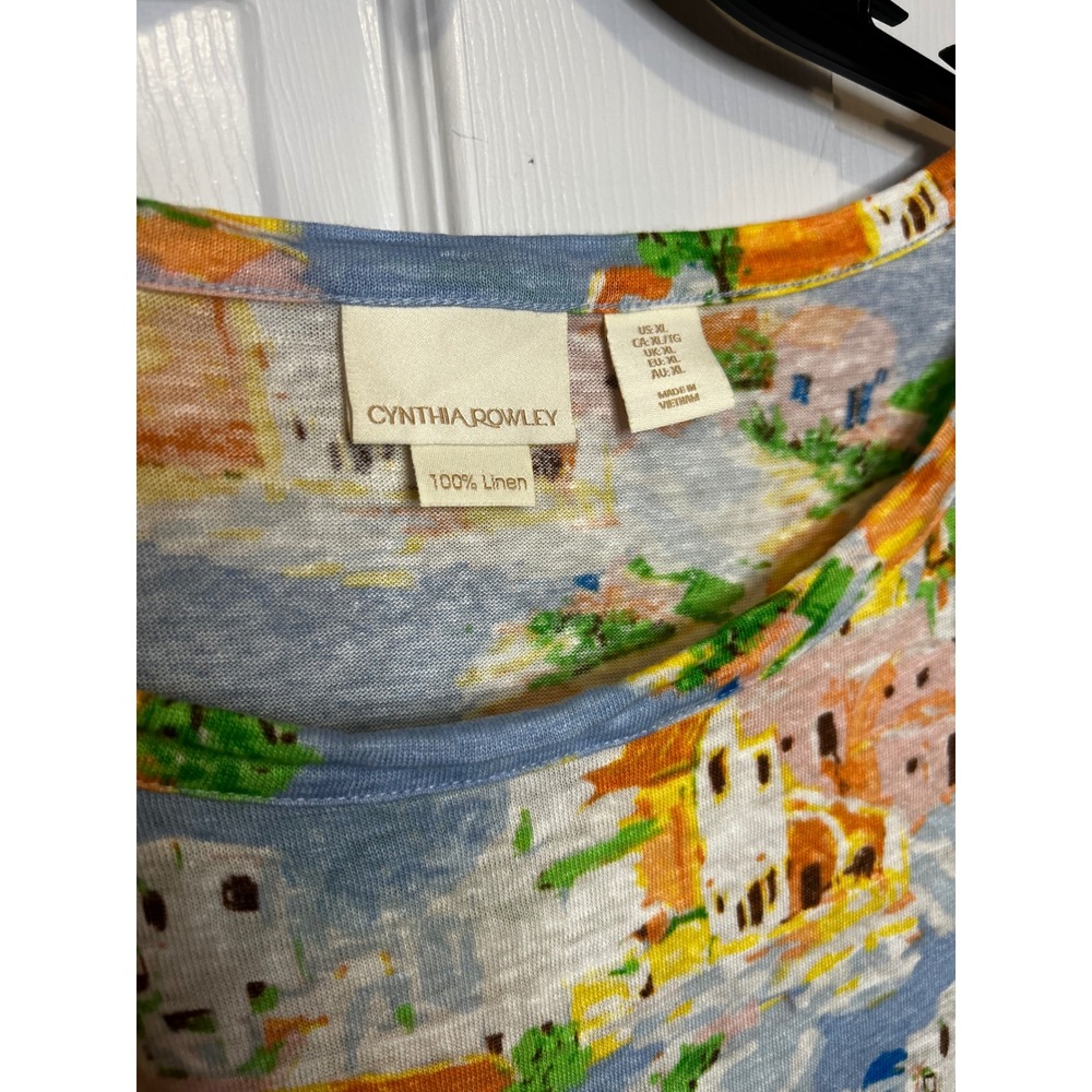 Cynthia Rowley Womens XL Linen Knit Top Mediterranean Landscape Scenic Print Tee - Picture 3 of 3